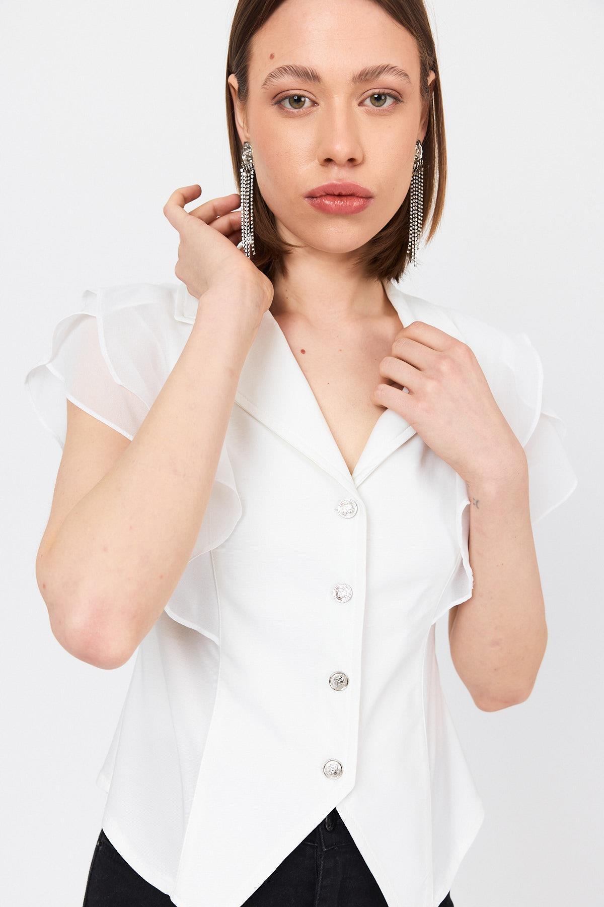 Beyaz Şifon Kol Detaylı Fırfırlı Düğmeli Bluz 9477 - RAYS