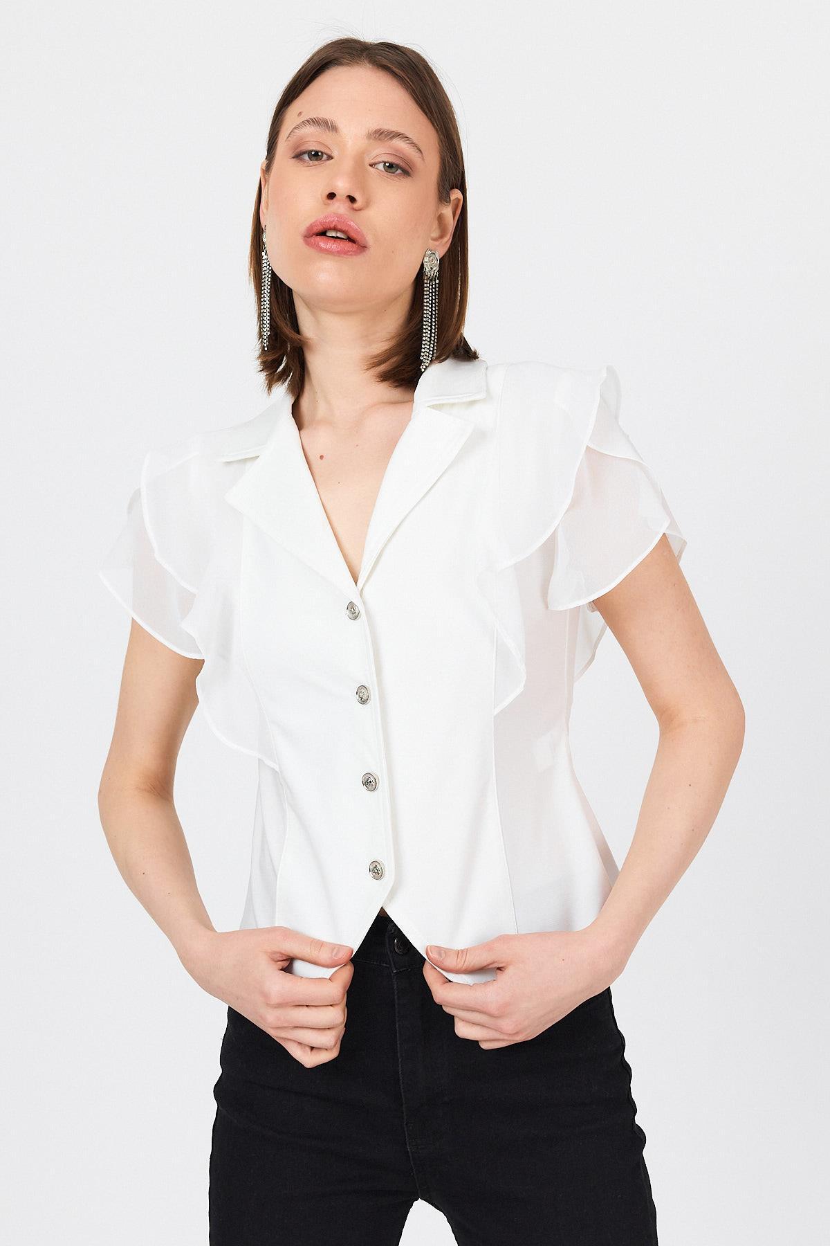 Beyaz Şifon Kol Detaylı Fırfırlı Düğmeli Bluz 9477 - 3