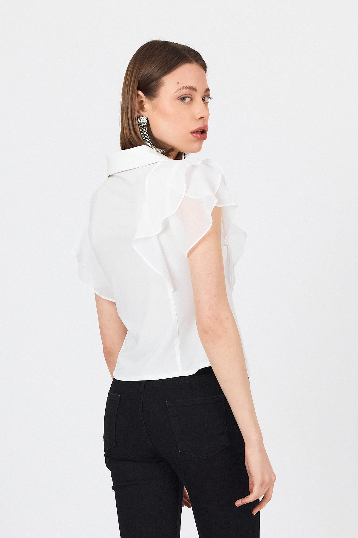 Beyaz Şifon Kol Detaylı Fırfırlı Düğmeli Bluz 9477 - 6
