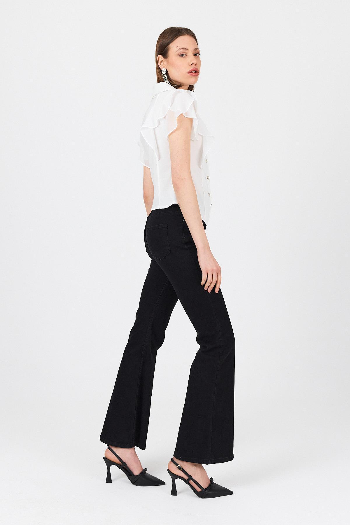 Beyaz Şifon Kol Detaylı Fırfırlı Düğmeli Bluz 9477 - 7