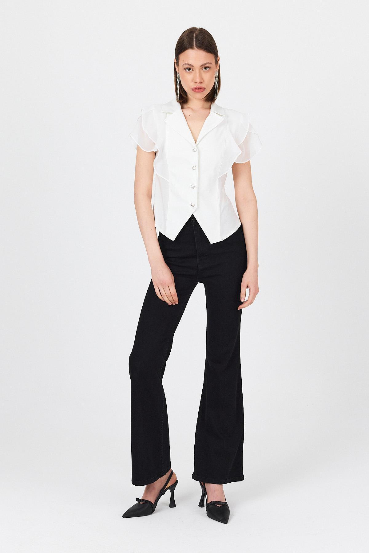 Beyaz Şifon Kol Detaylı Fırfırlı Düğmeli Bluz 9477 - 2