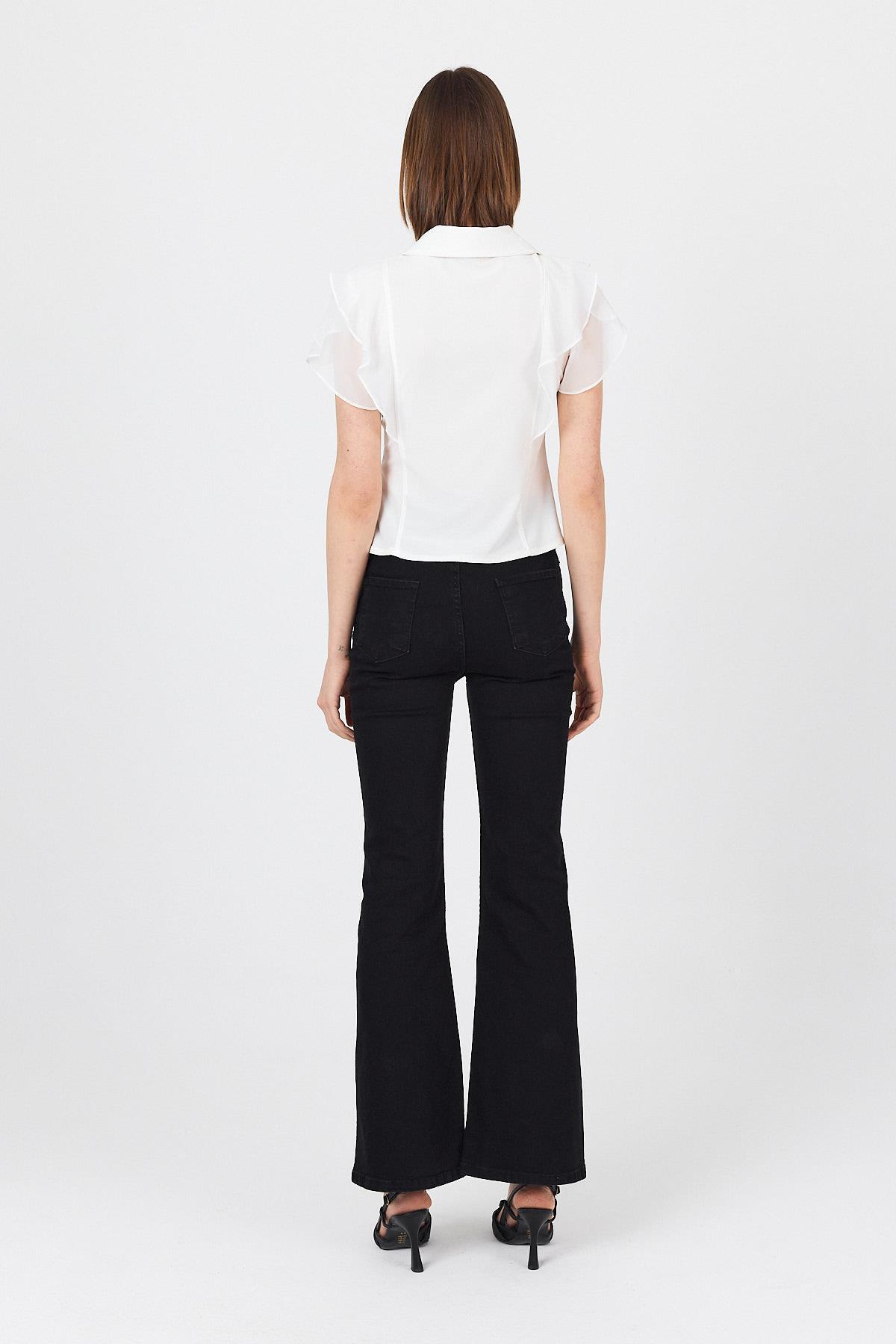 Beyaz Şifon Kol Detaylı Fırfırlı Düğmeli Bluz 9477 - 5