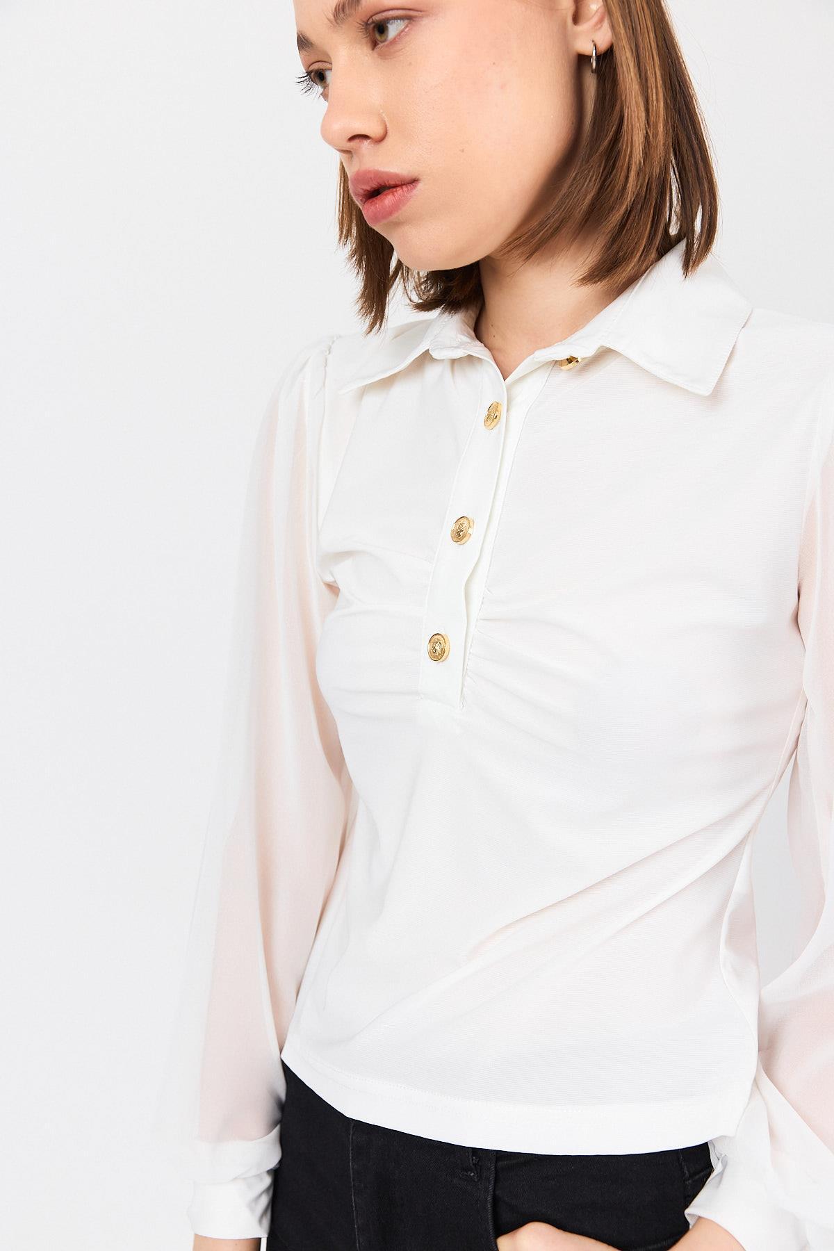 Beyaz Şifon Kollu Gömlek Yaka Bluz 9478 - RAYS