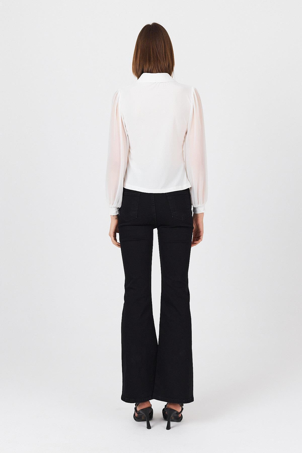 Beyaz Şifon Kollu Gömlek Yaka Bluz 9478 - 5