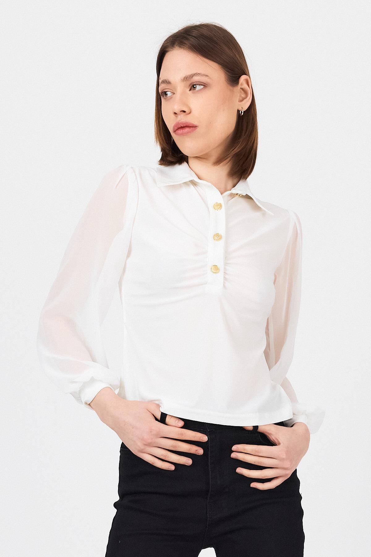 Beyaz Şifon Kollu Gömlek Yaka Bluz 9478 - 1