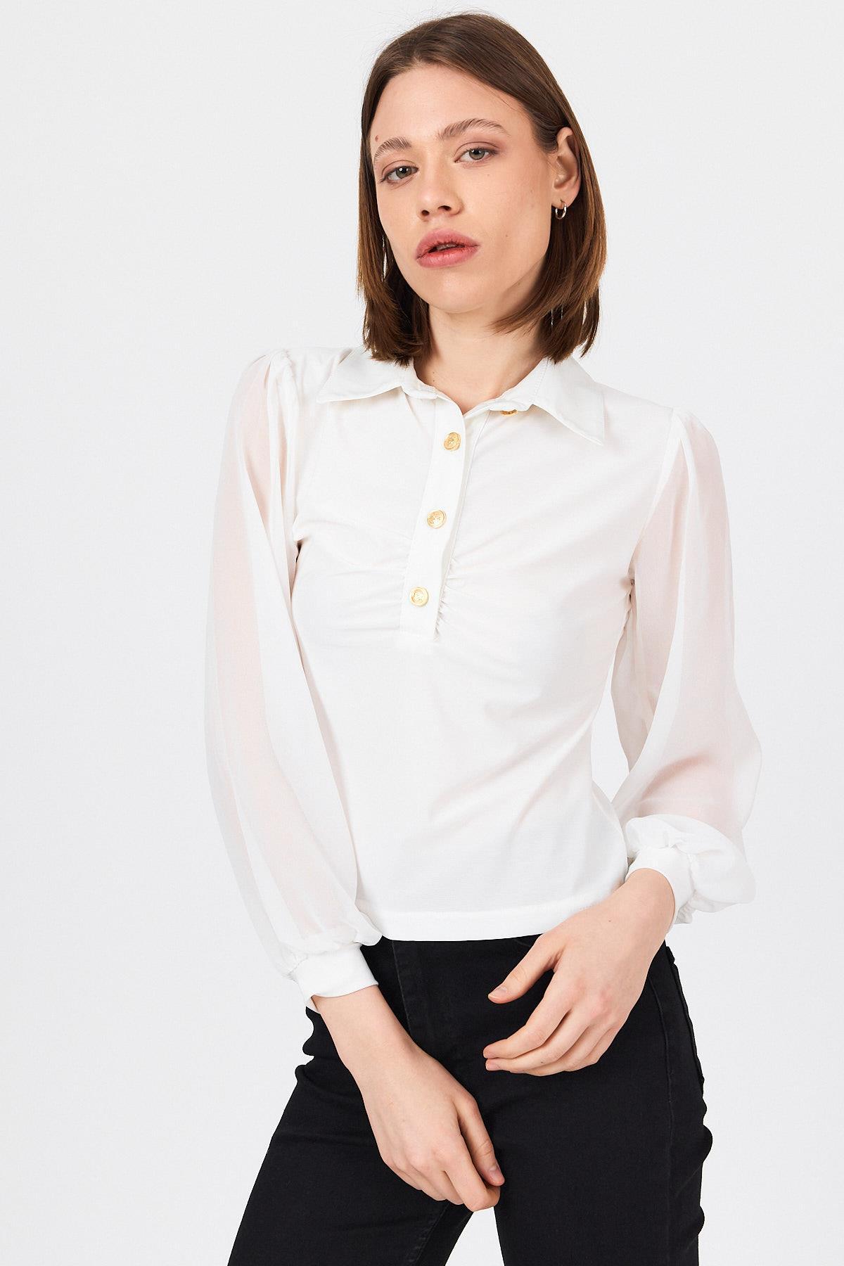 Beyaz Şifon Kollu Gömlek Yaka Bluz 9478 - 2