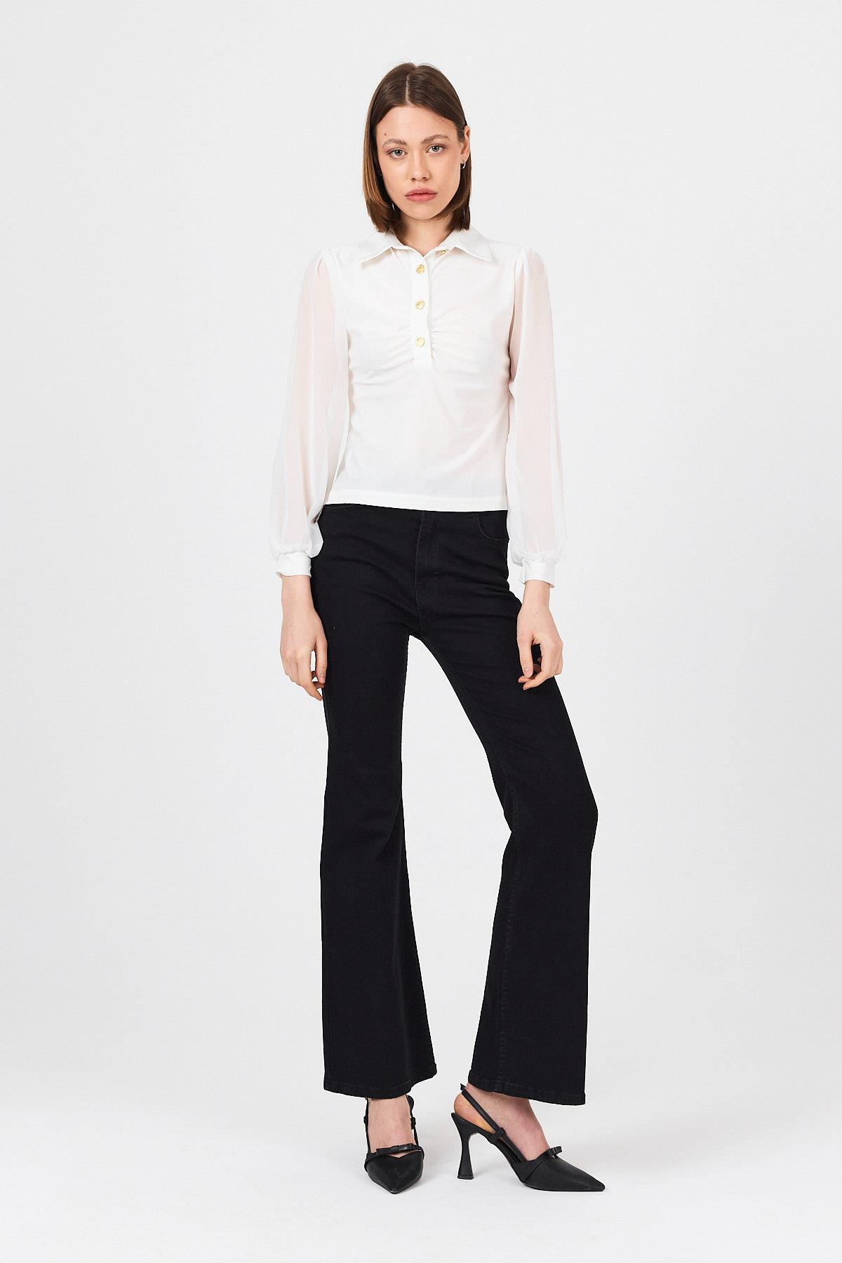 Beyaz Şifon Kollu Gömlek Yaka Bluz 9478 - 3