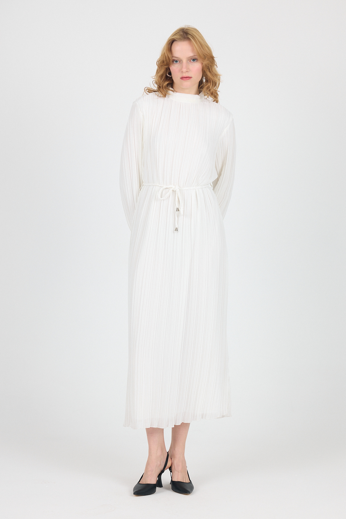 Beyaz Şifon Uzun Kollu Pileli Bel Bağlamalı Midi Elbise 020 - 2