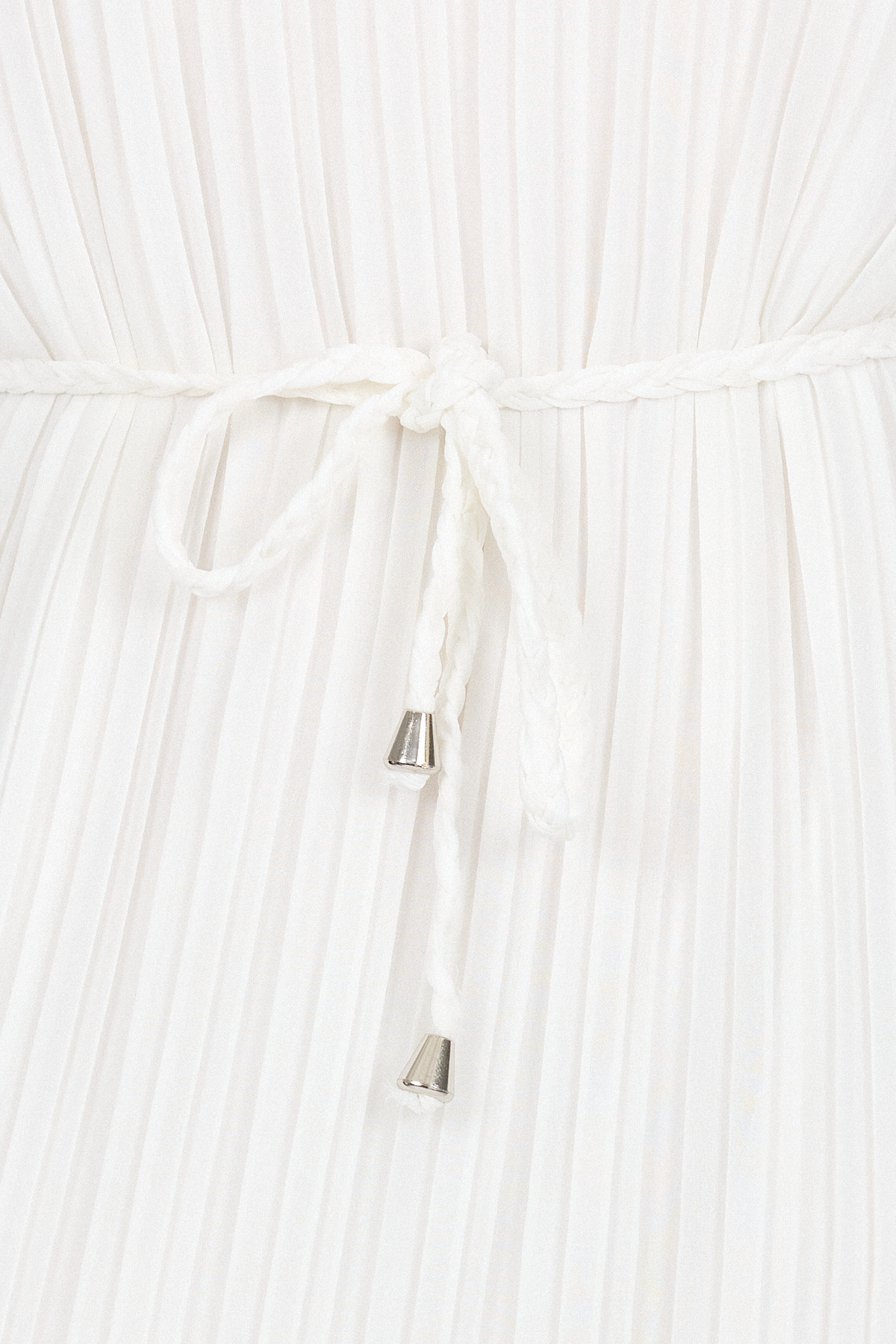 Beyaz Şifon Uzun Kollu Pileli Bel Bağlamalı Midi Elbise 020 - 4