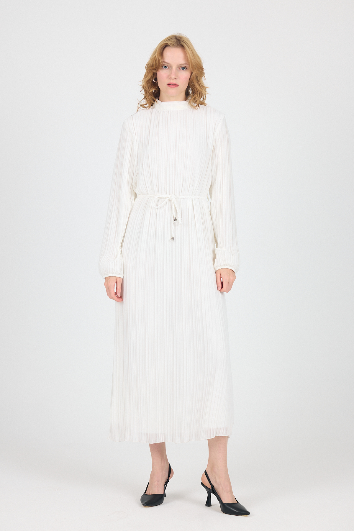 Beyaz Şifon Uzun Kollu Pileli Bel Bağlamalı Midi Elbise 020 - 6