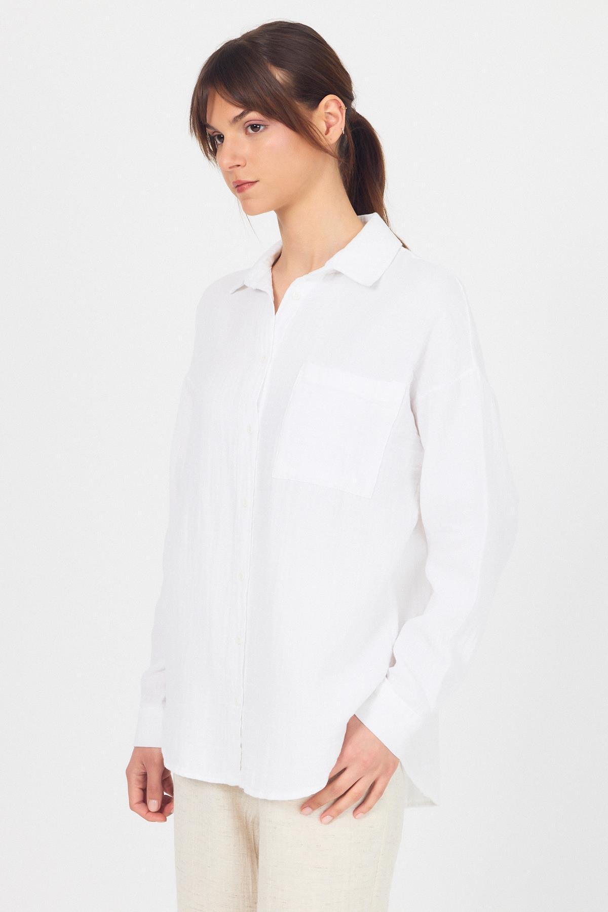 Beyaz Tek Cepli %100 Pamuk Oversize Müslin Gömlek 4697A - 2