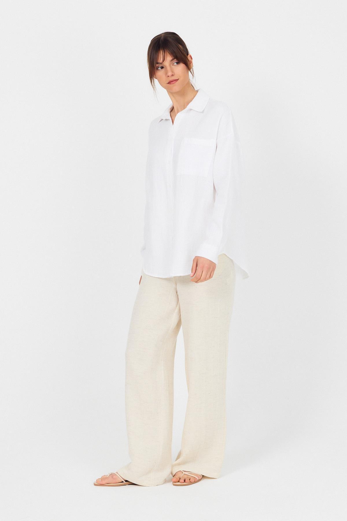 Beyaz Tek Cepli %100 Pamuk Oversize Müslin Gömlek 4697A - 6