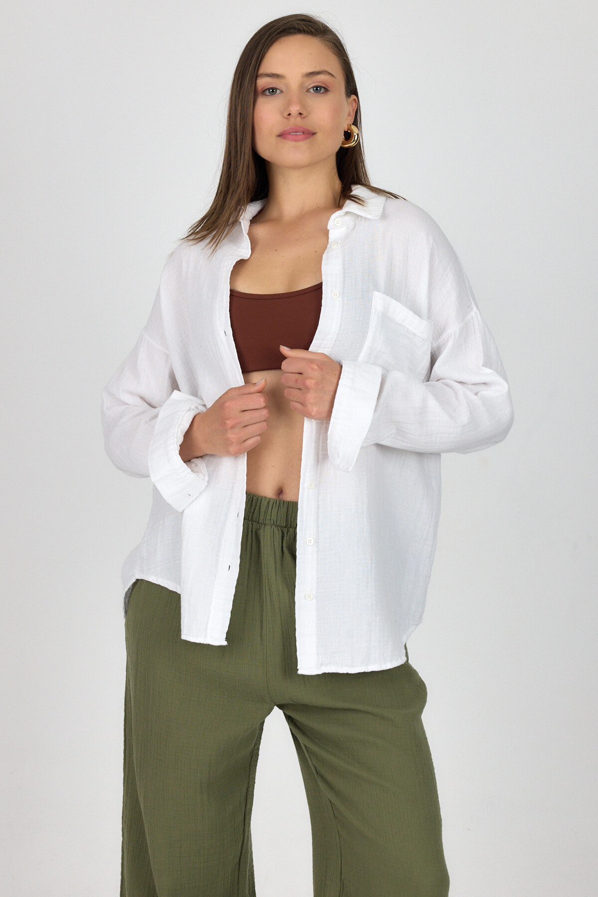 Beyaz Tek Cepli %100 Pamuk Oversize Müslin Gömlek 4697A - 3