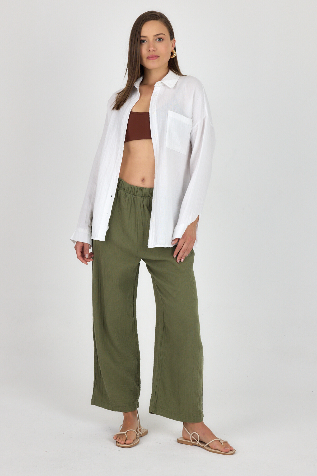 Beyaz Tek Cepli %100 Pamuk Oversize Müslin Gömlek 4697A - 6