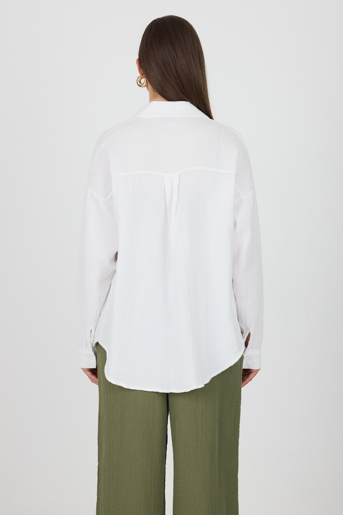 Beyaz Tek Cepli %100 Pamuk Oversize Müslin Gömlek 4697A - 5