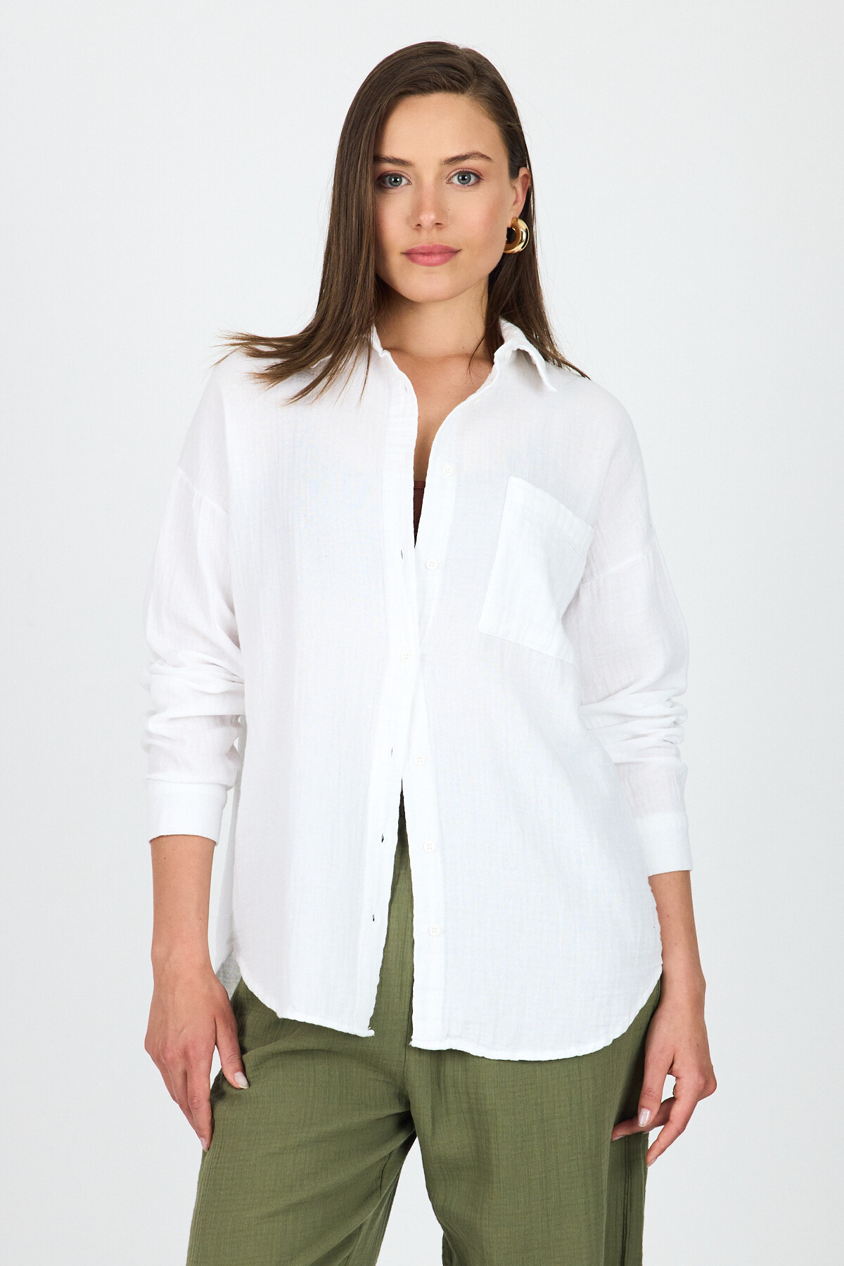 Beyaz Tek Cepli %100 Pamuk Oversize Müslin Gömlek 4697A - 2