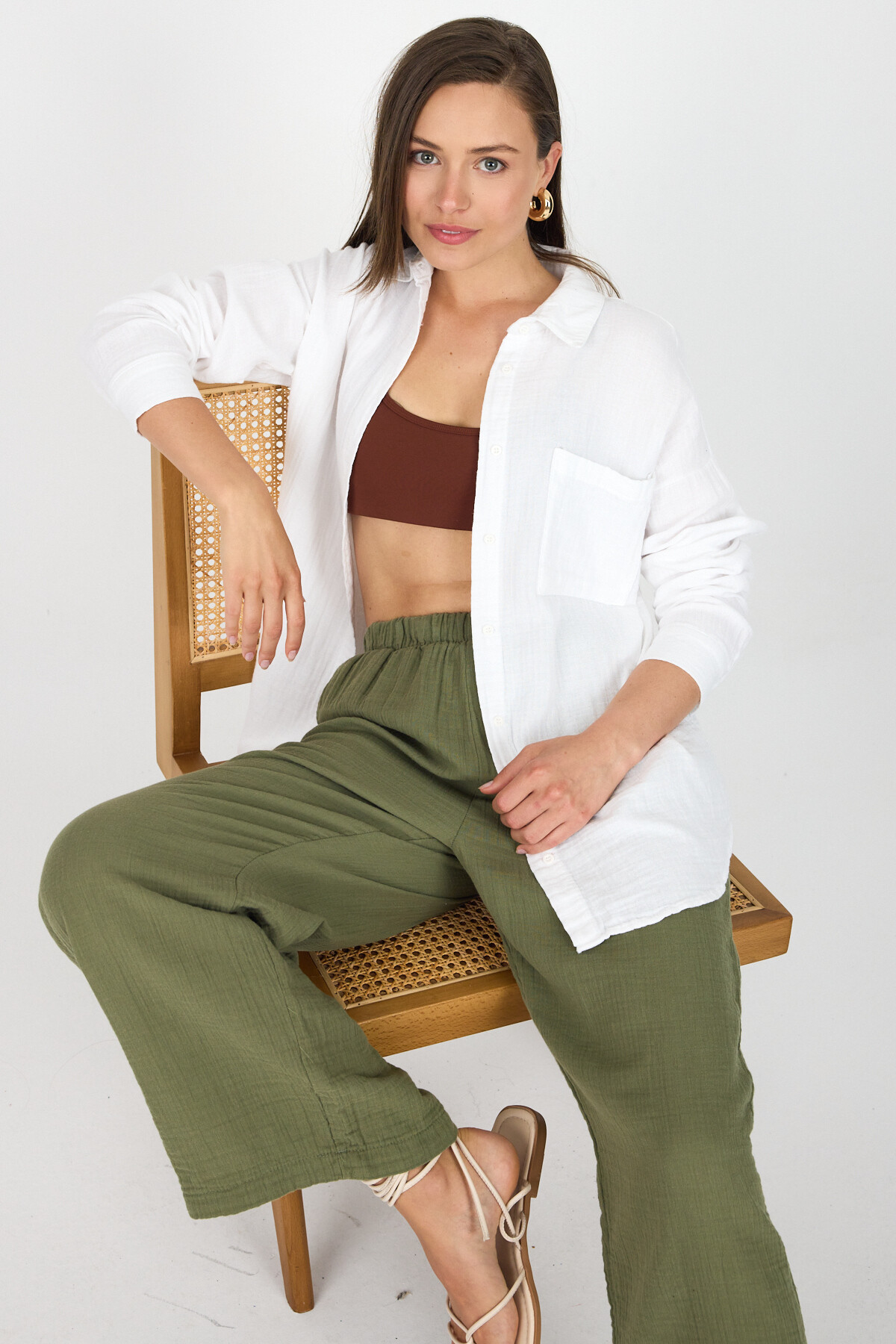 Beyaz Tek Cepli %100 Pamuk Oversize Müslin Gömlek 4697A - 1