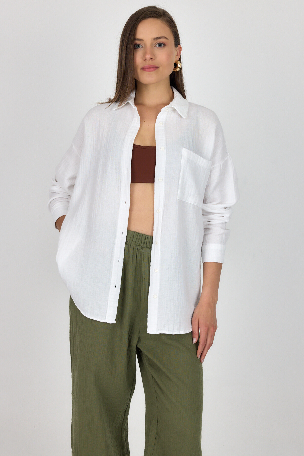 Beyaz Tek Cepli %100 Pamuk Oversize Müslin Gömlek 4697A - 7