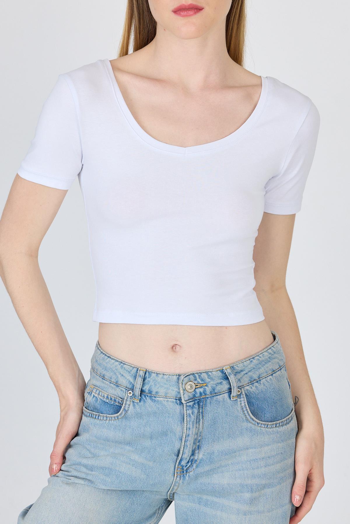 Beyaz U Yaka Pamuklu Slim Fit Tişört 9186M - 6