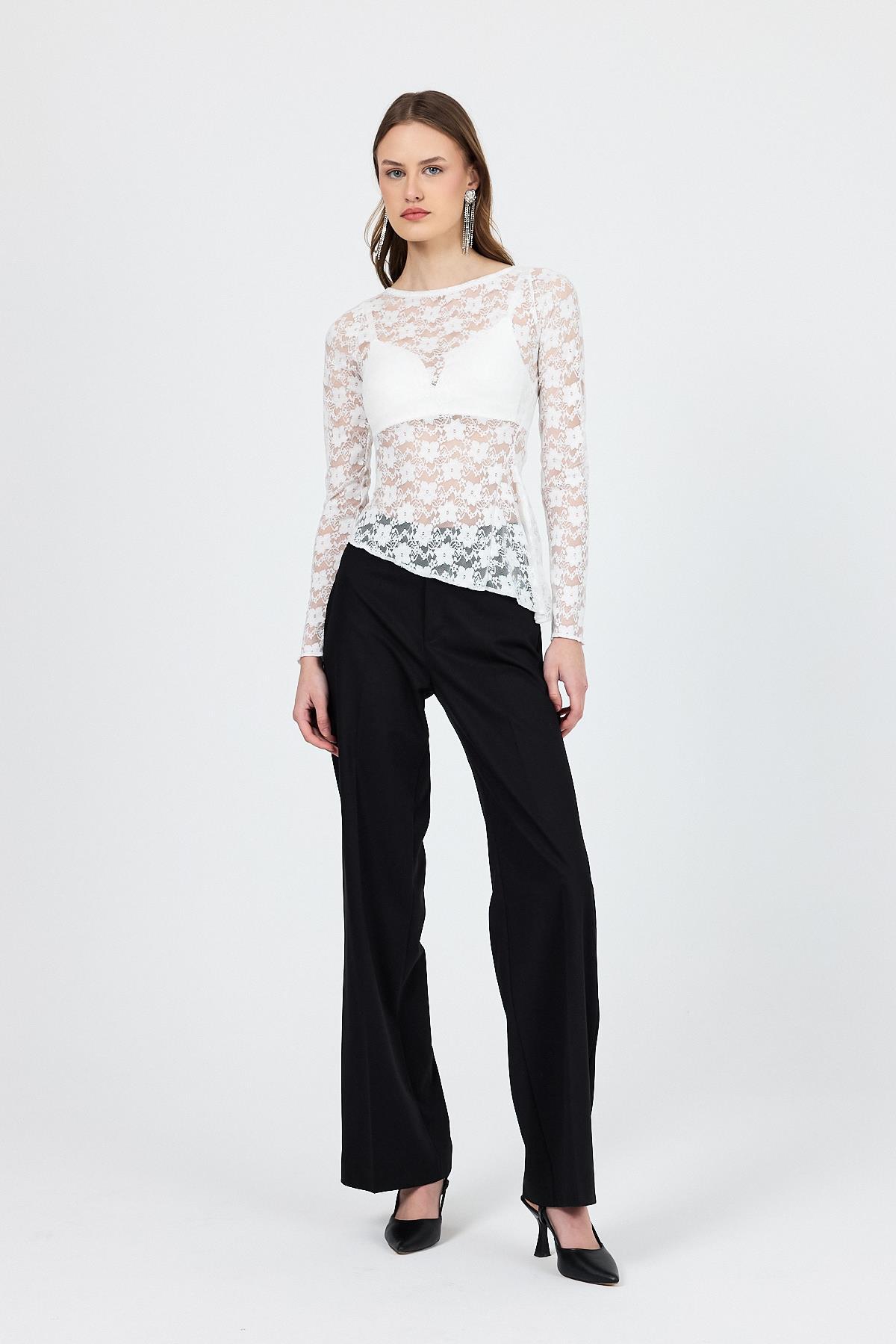 Beyaz Uzun Kollu Transparan Dantel Bluz 13288 - 2