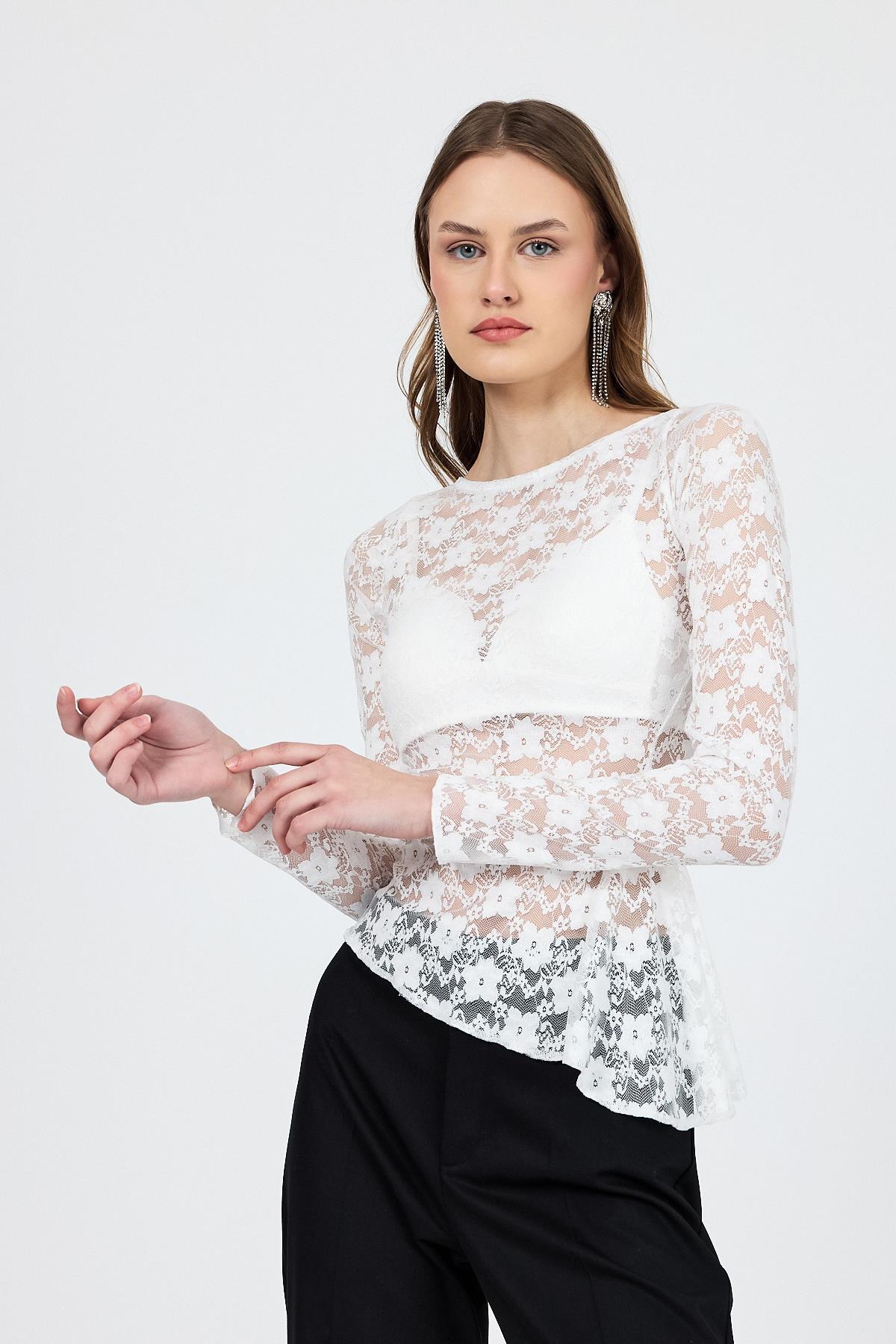 Beyaz Uzun Kollu Transparan Dantel Bluz 13288 - 3