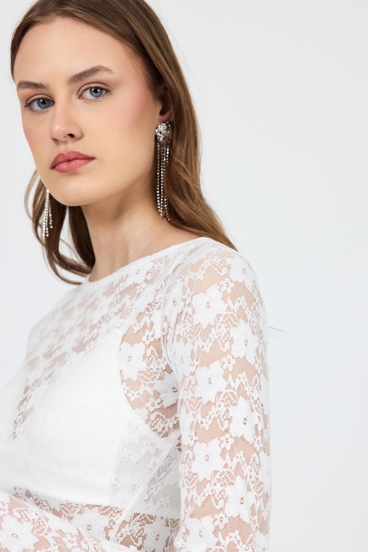 Beyaz Uzun Kollu Transparan Dantel Bluz 13288 - 4