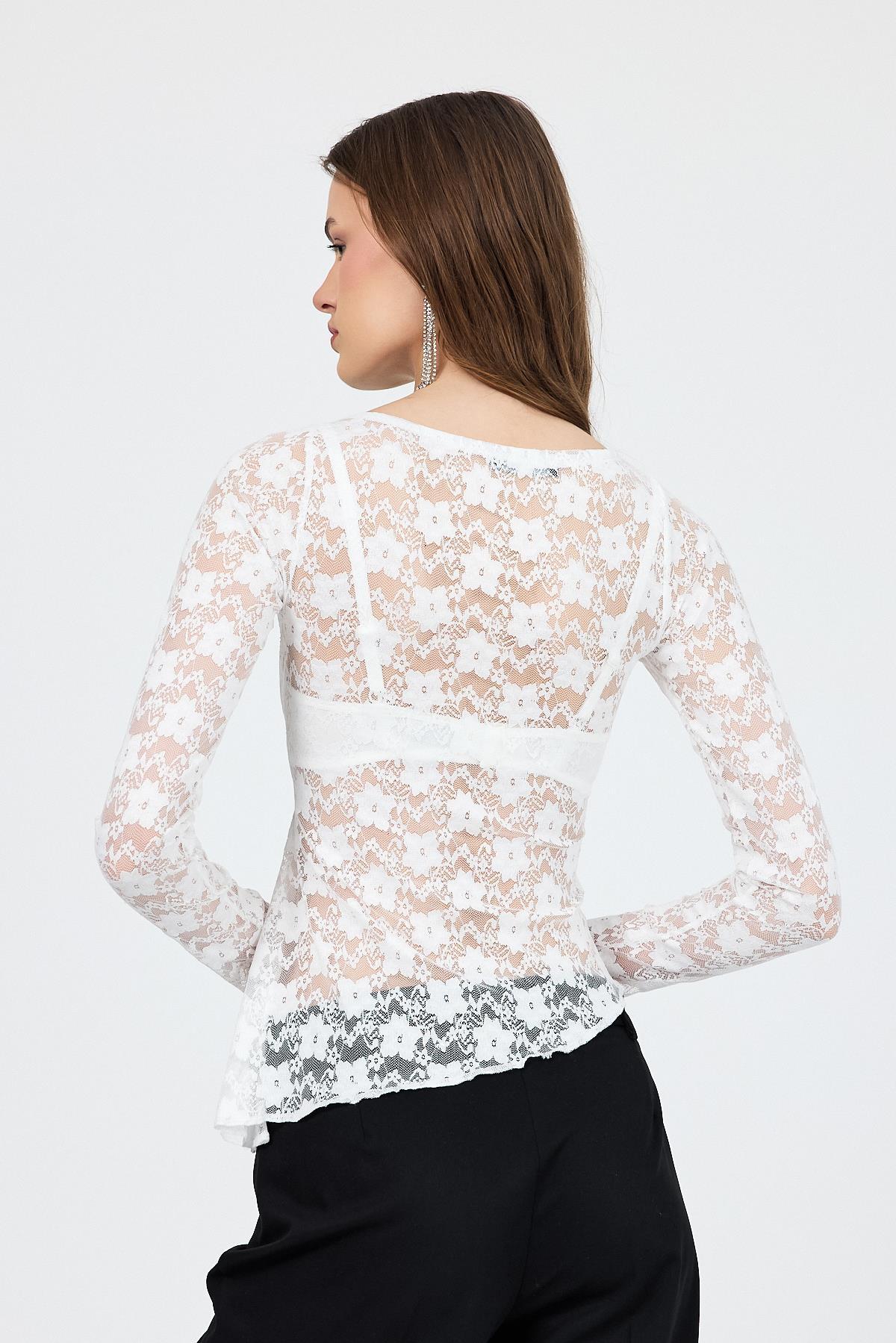 Beyaz Uzun Kollu Transparan Dantel Bluz 13288 - 5