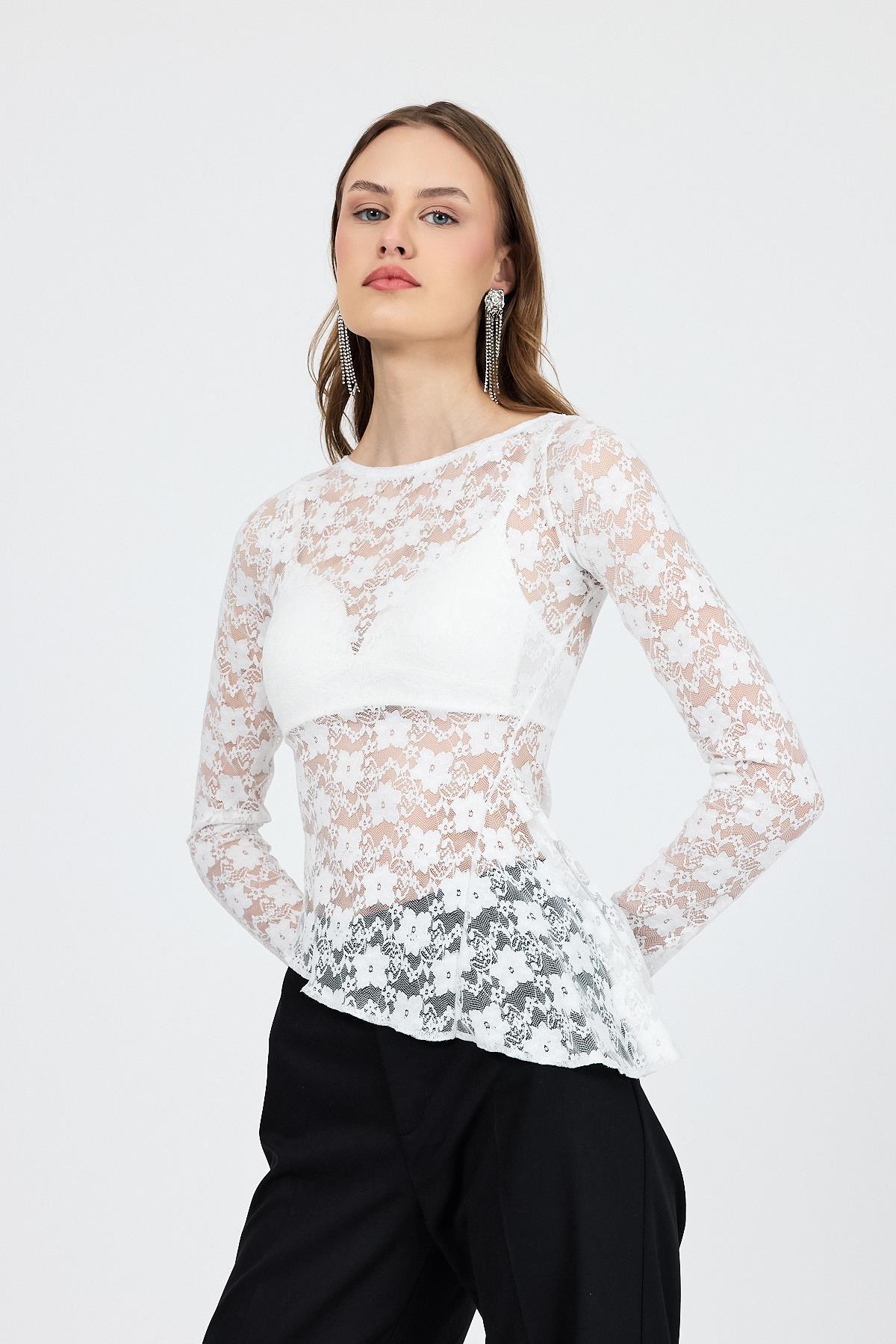 Beyaz Uzun Kollu Transparan Dantel Bluz 13288 - 7