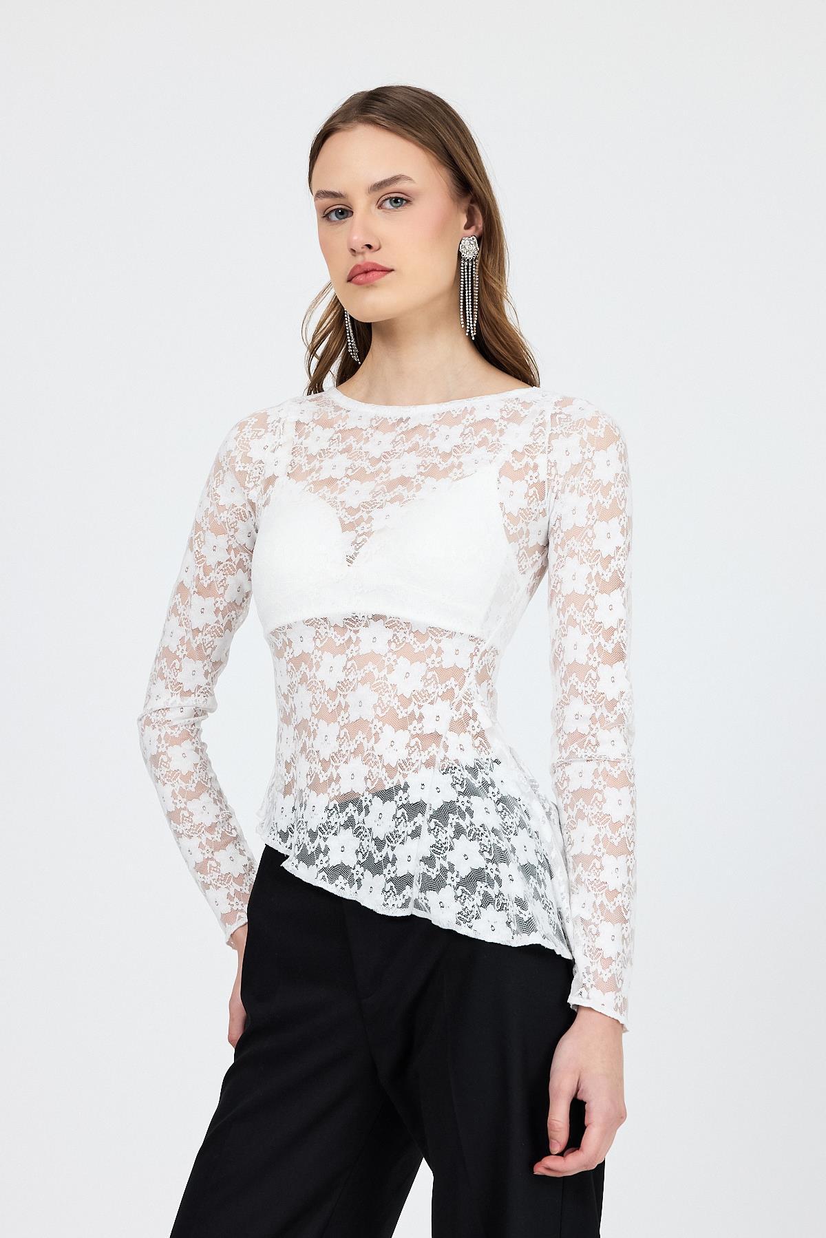 Beyaz Uzun Kollu Transparan Dantel Bluz 13288 
