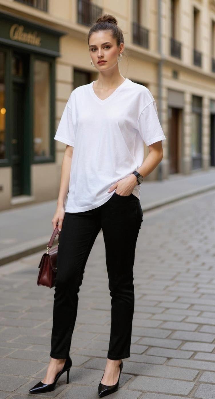 Beyaz V Yaka %100 Pamuk Comfort Fit Tişört 2143M - 1