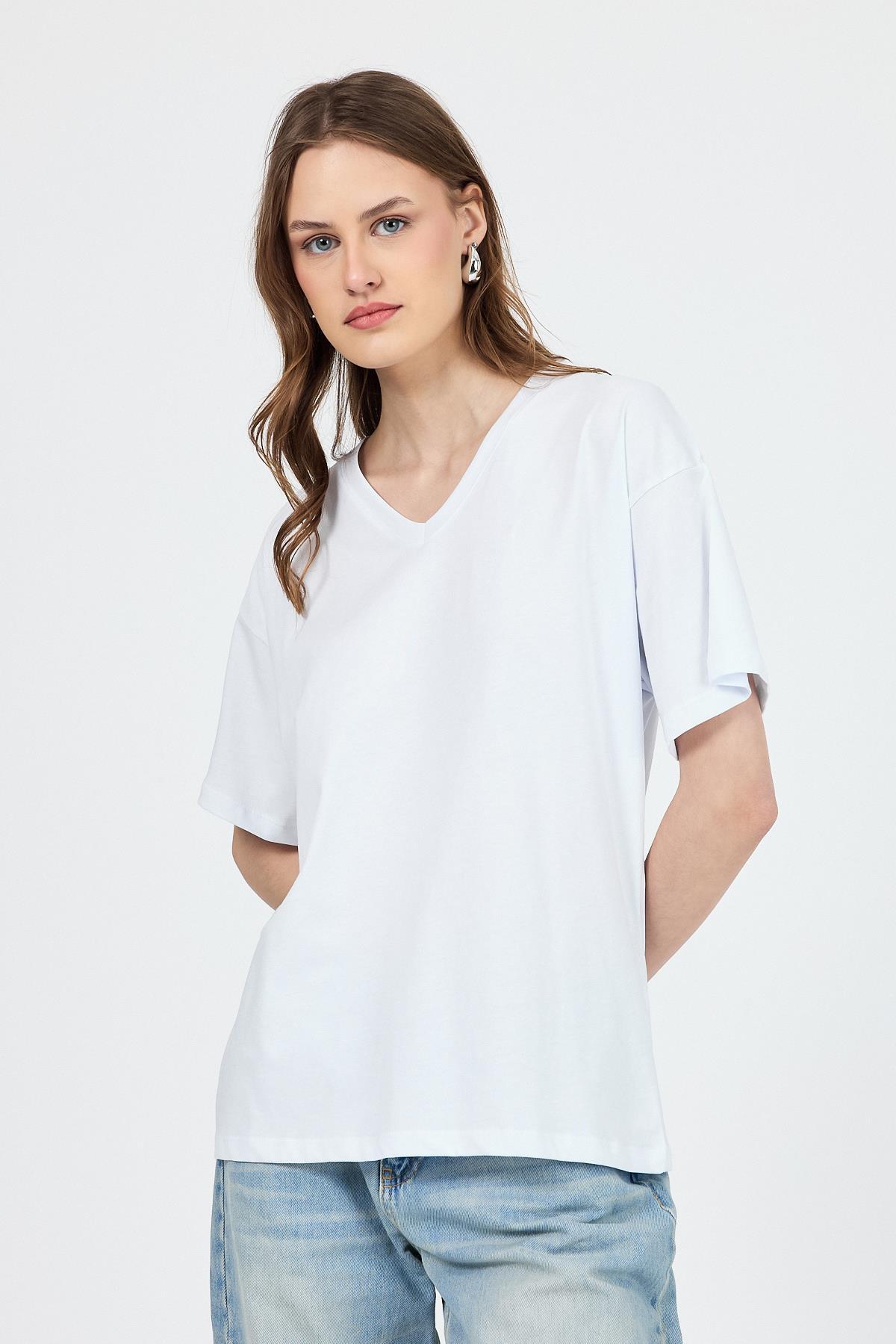 Beyaz V Yaka %100 Pamuk Comfort Fit Tişört 2143M - 3