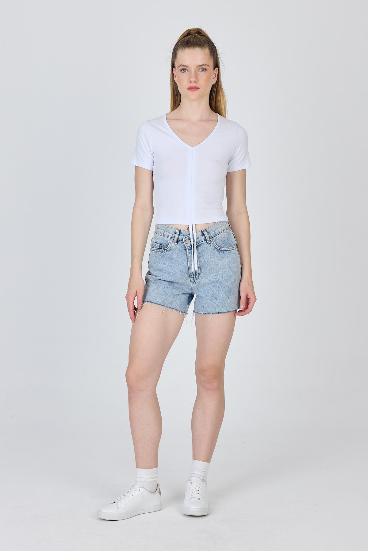 Beyaz V Yaka Büzgülü Crop Tişört 9201M - RAYS