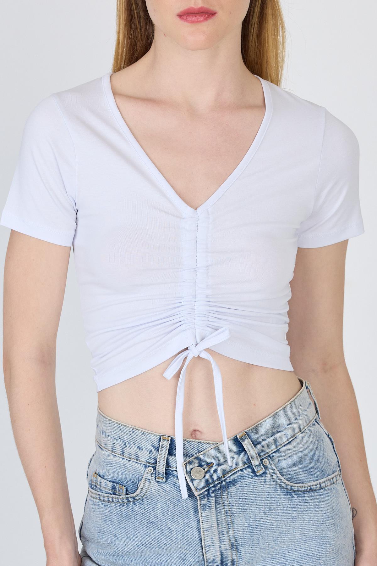 Beyaz V Yaka Büzgülü Crop Tişört 9201M - RAYS