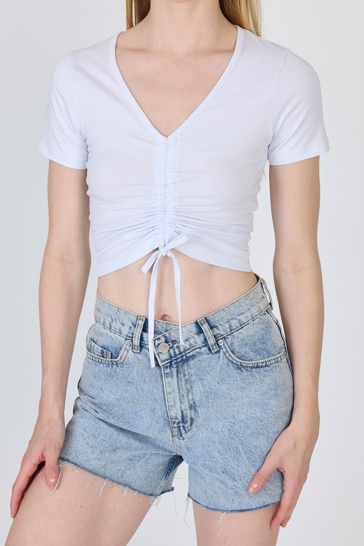 Beyaz V Yaka Büzgülü Crop Tişört 9201M - 6