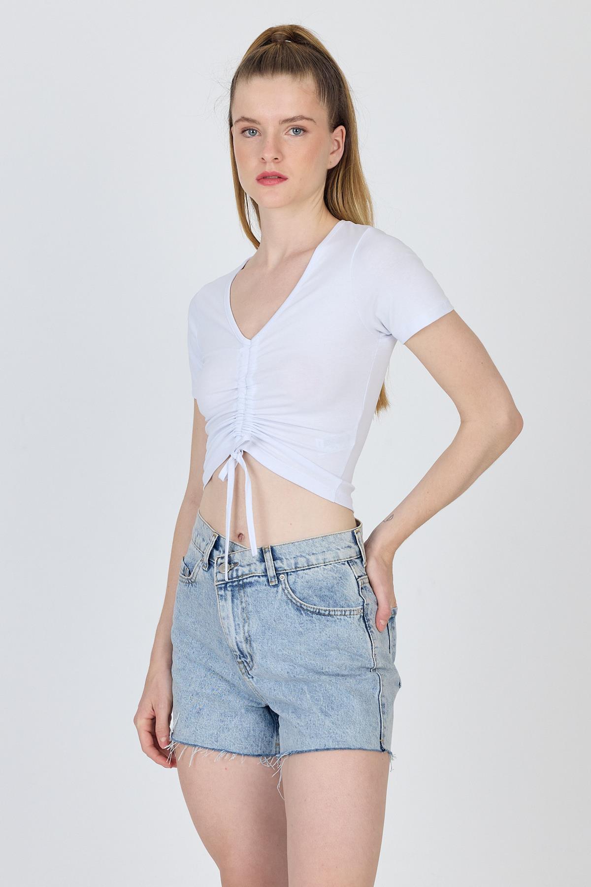 Beyaz V Yaka Büzgülü Crop Tişört 9201M - 8