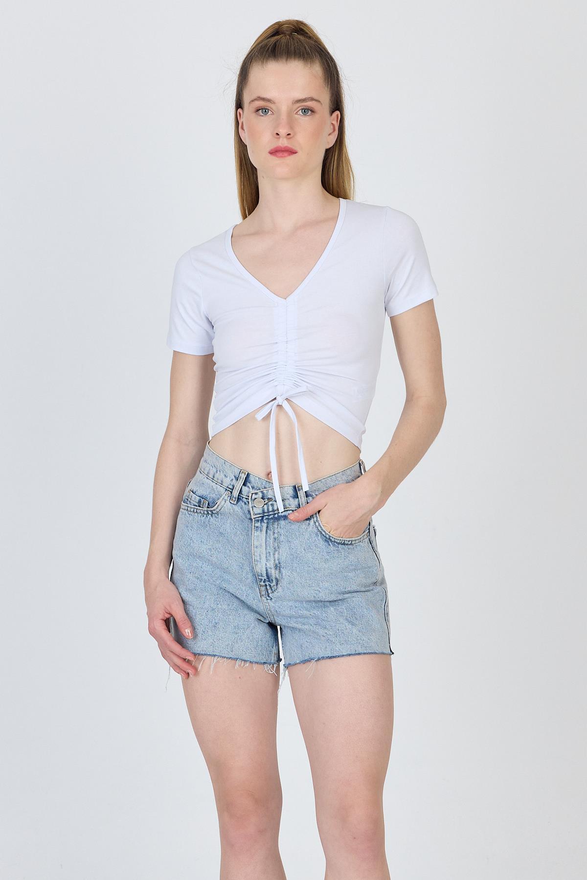 Beyaz V Yaka Büzgülü Crop Tişört 9201M - 7