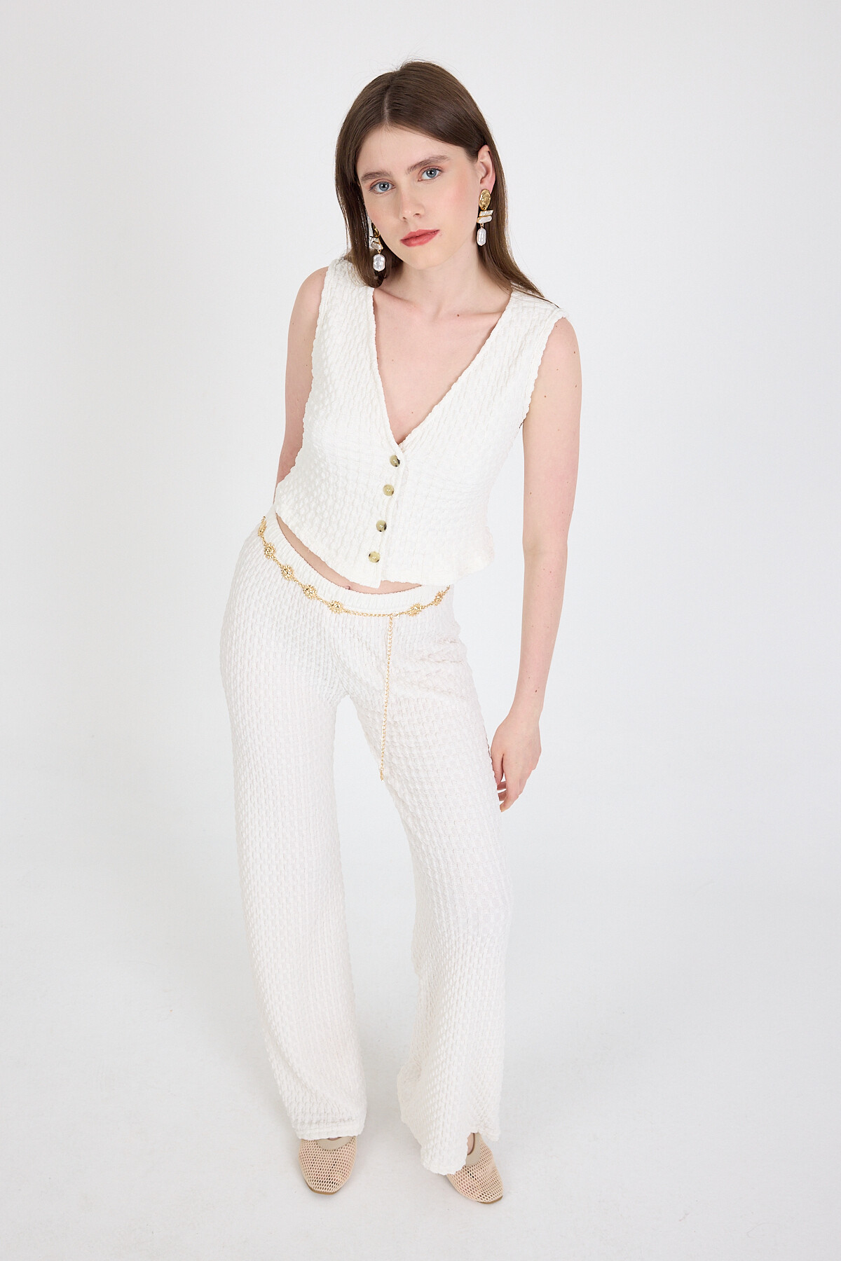 Beyaz V Yaka Yelek ve Pantolon Takımı 3000 - RAYS