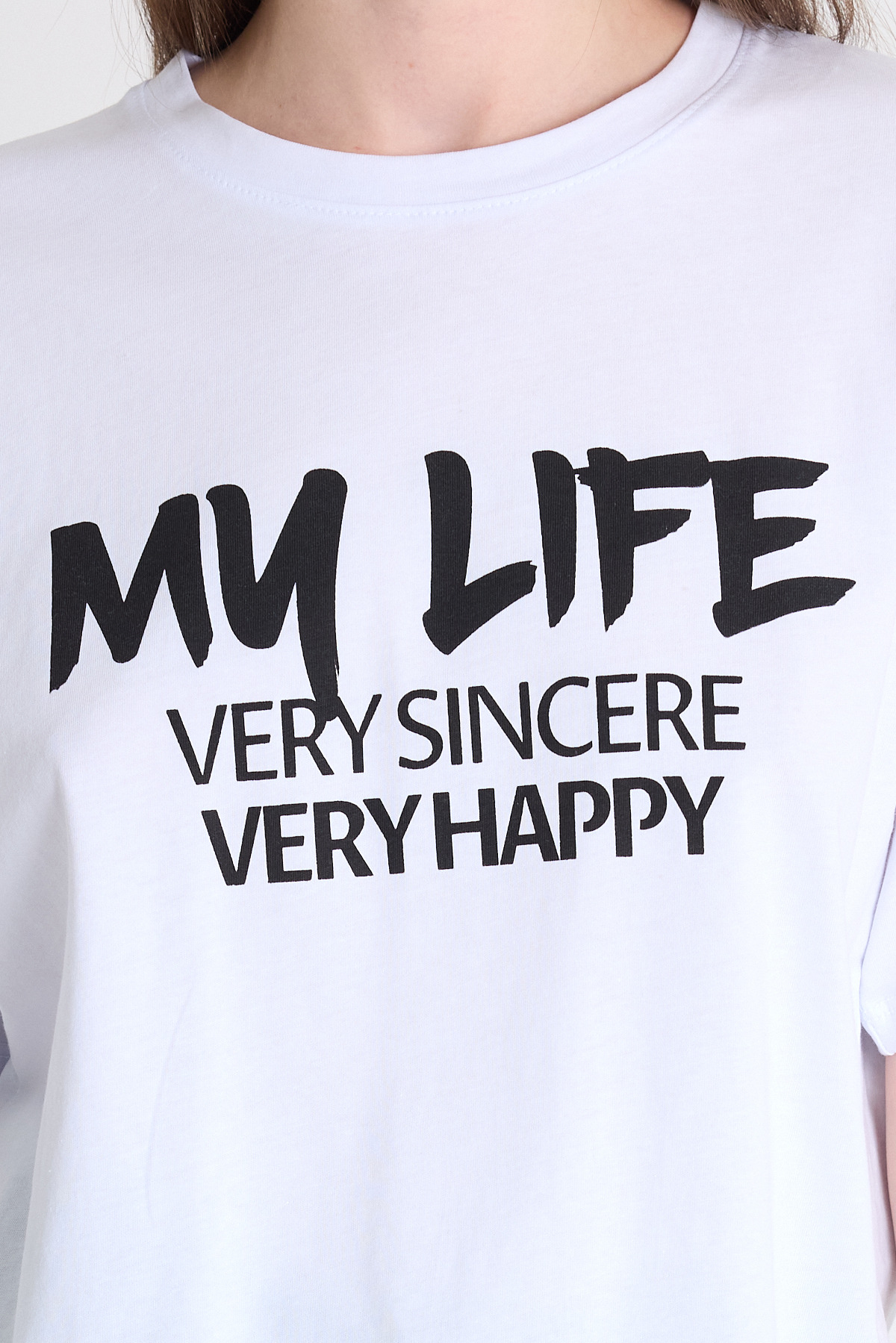 Beyaz Yazı Baskılı %100 Pamuk Crop Tişört 9187M - RAYS