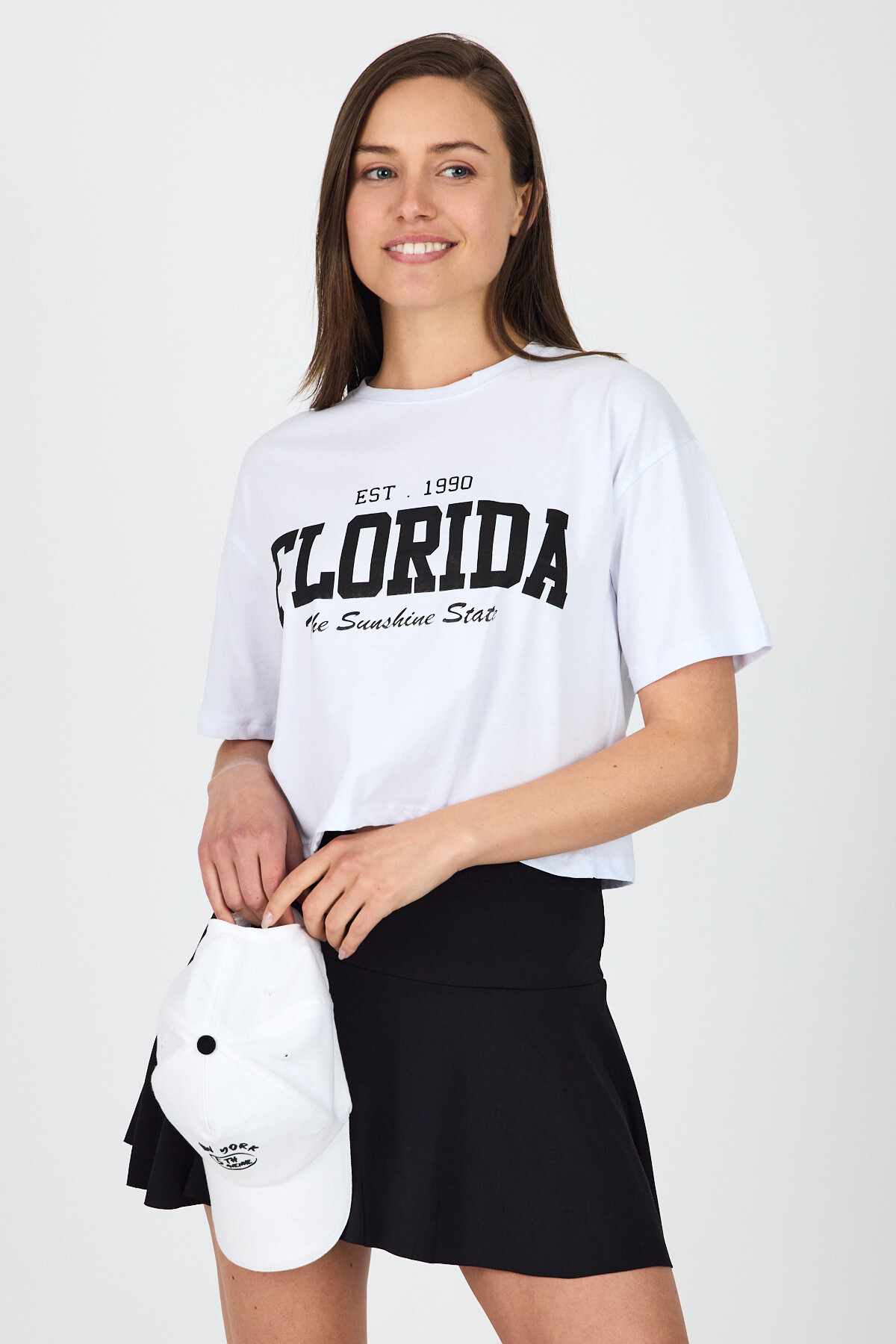 Beyaz Yazı Baskılı %100 Pamuk Crop Tişört 9188M - 6