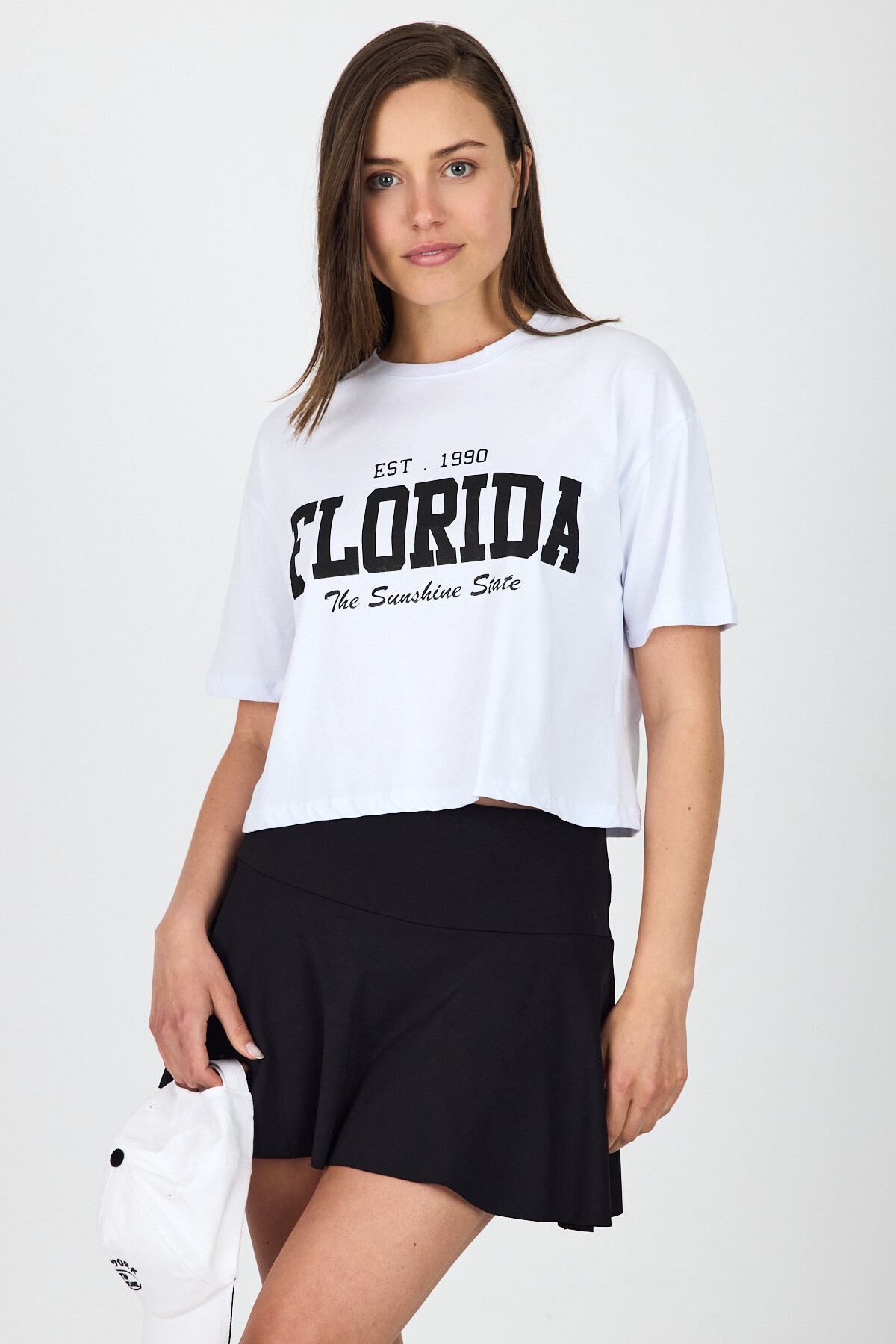 Beyaz Yazı Baskılı %100 Pamuk Crop Tişört 9188M - 7