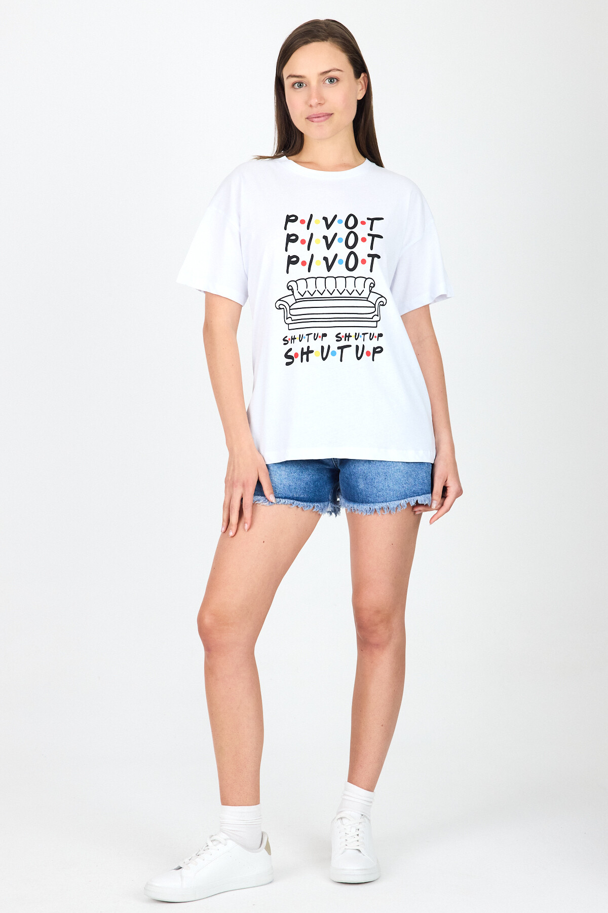 Beyaz Yazı Baskılı %100 Pamuk Oversize Tişört 2150-10M - 2