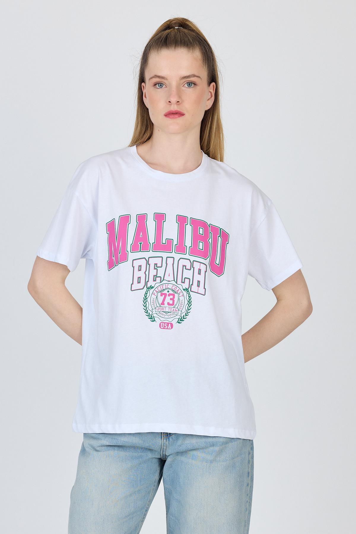 Beyaz Yazı Baskılı %100 Pamuk Oversize Tişört 2150-17M - 2