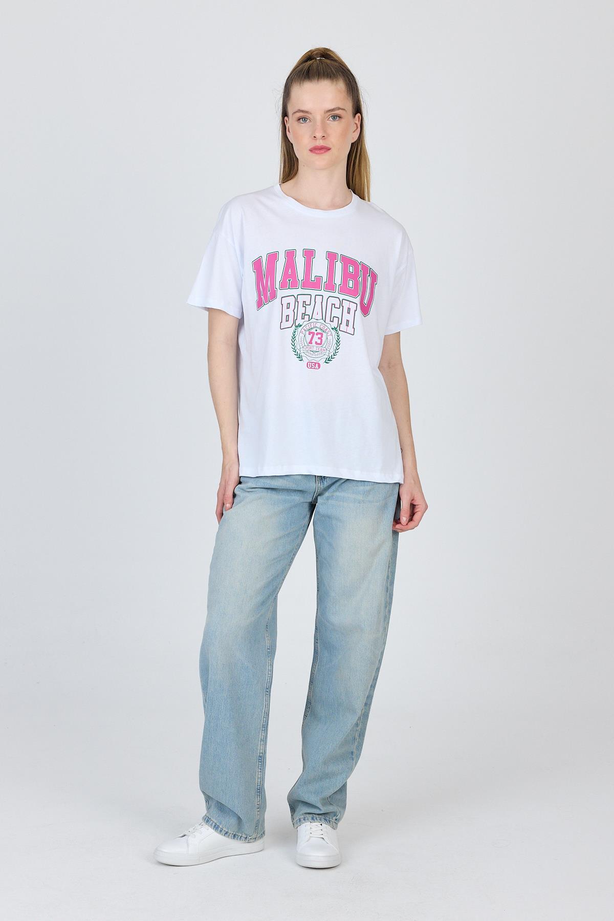 Beyaz Yazı Baskılı %100 Pamuk Oversize Tişört 2150-17M - 3