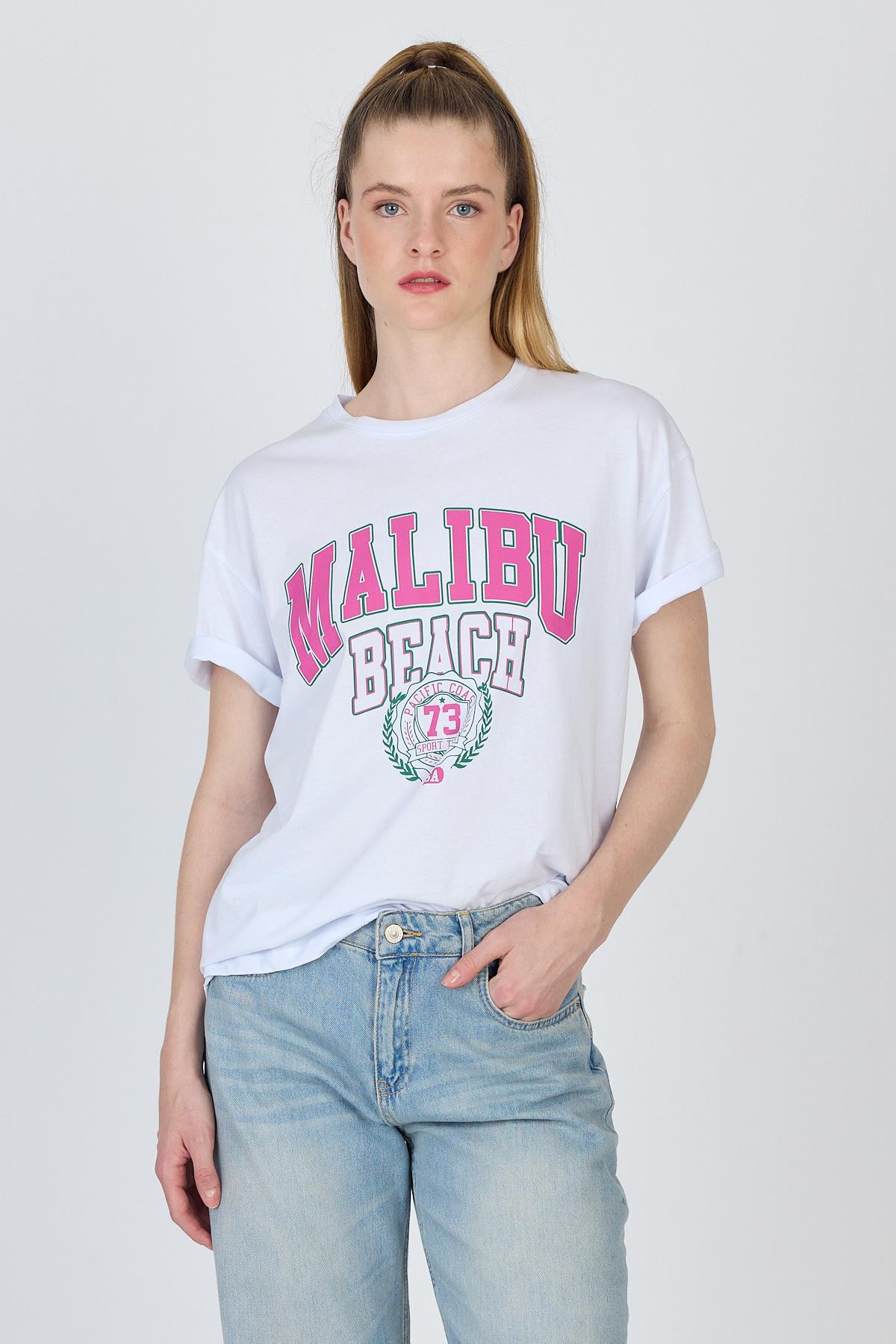 Beyaz Yazı Baskılı %100 Pamuk Oversize Tişört 2150-17M - 6