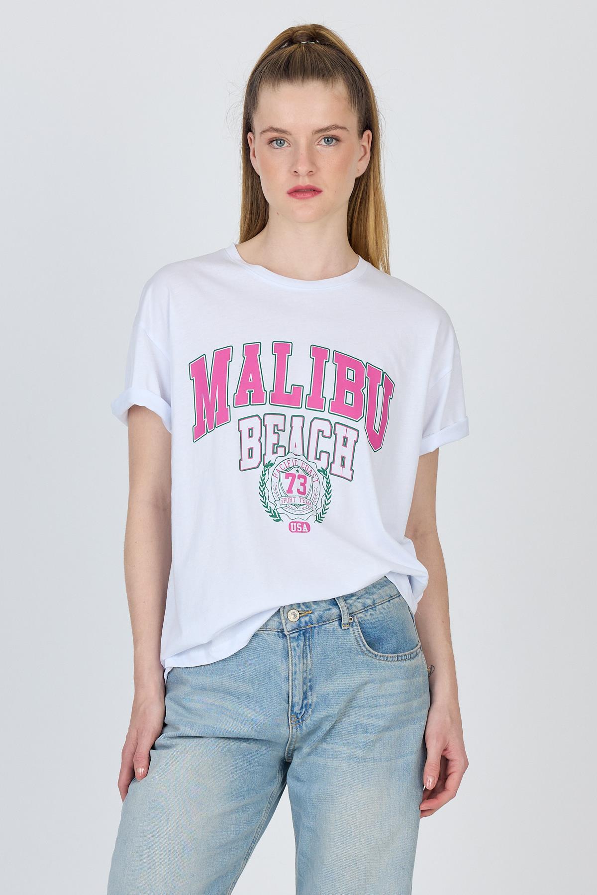 Beyaz Yazı Baskılı %100 Pamuk Oversize Tişört 2150-17M 