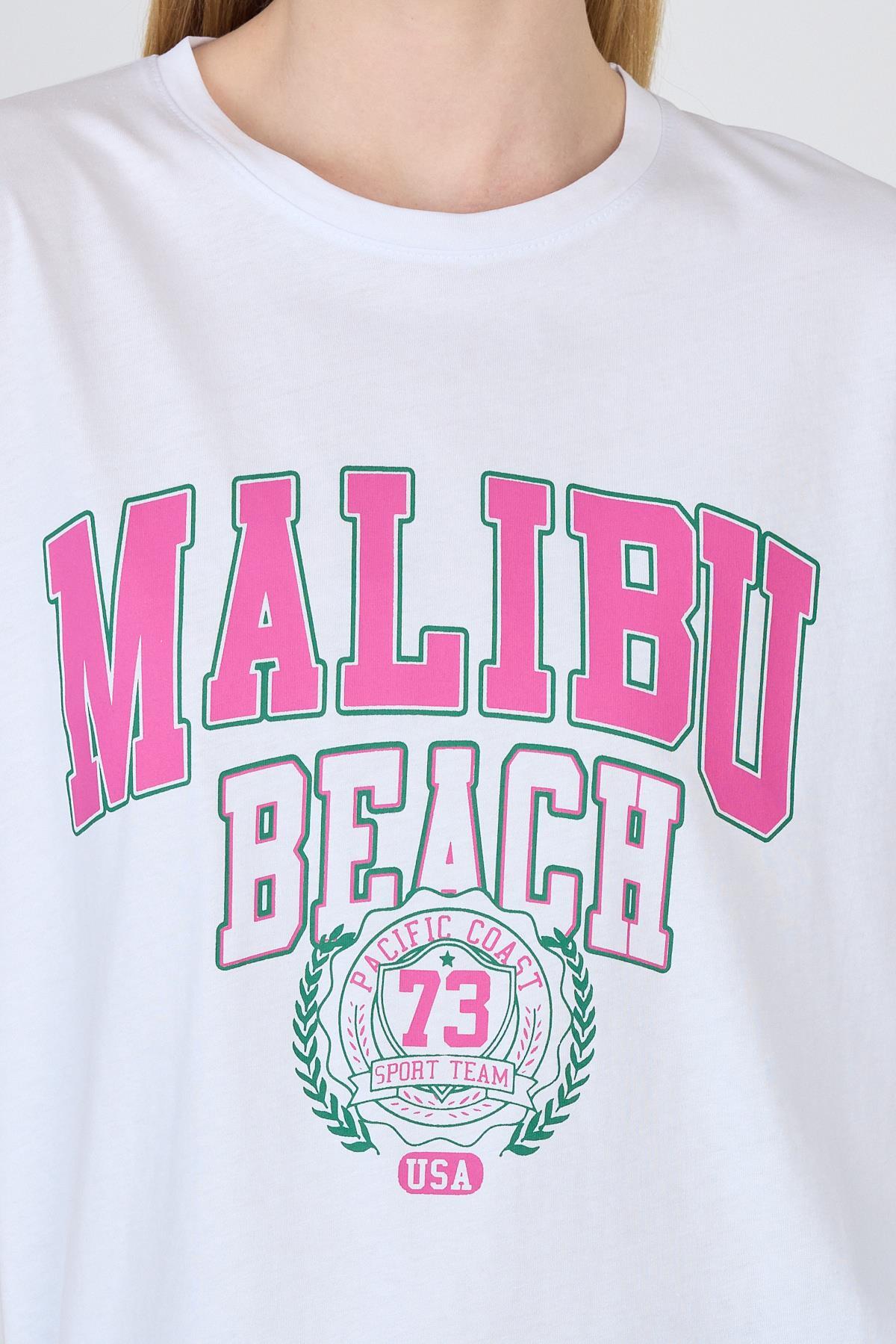 Beyaz Yazı Baskılı %100 Pamuk Oversize Tişört 2150-17M - 4