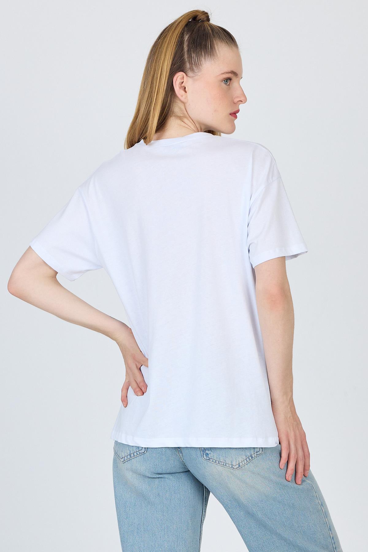 Beyaz Yazı Baskılı %100 Pamuk Oversize Tişört 2150-17M - 5