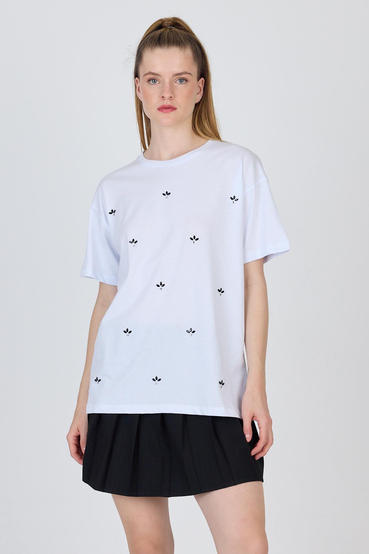 Beyaz Yazı Baskılı %100 Pamuk Oversize Tişört 2150-18M - RAYS