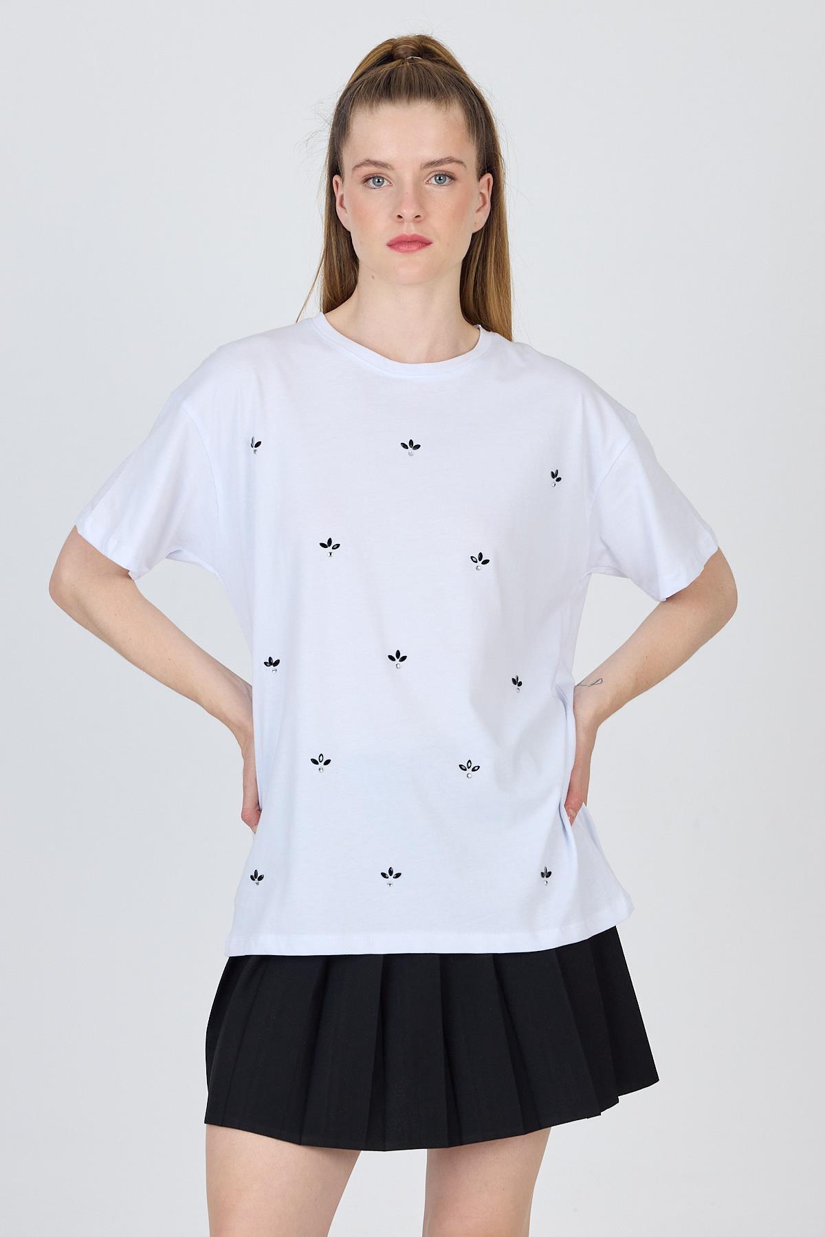 Beyaz Yazı Baskılı %100 Pamuk Oversize Tişört 2150-18M - 3