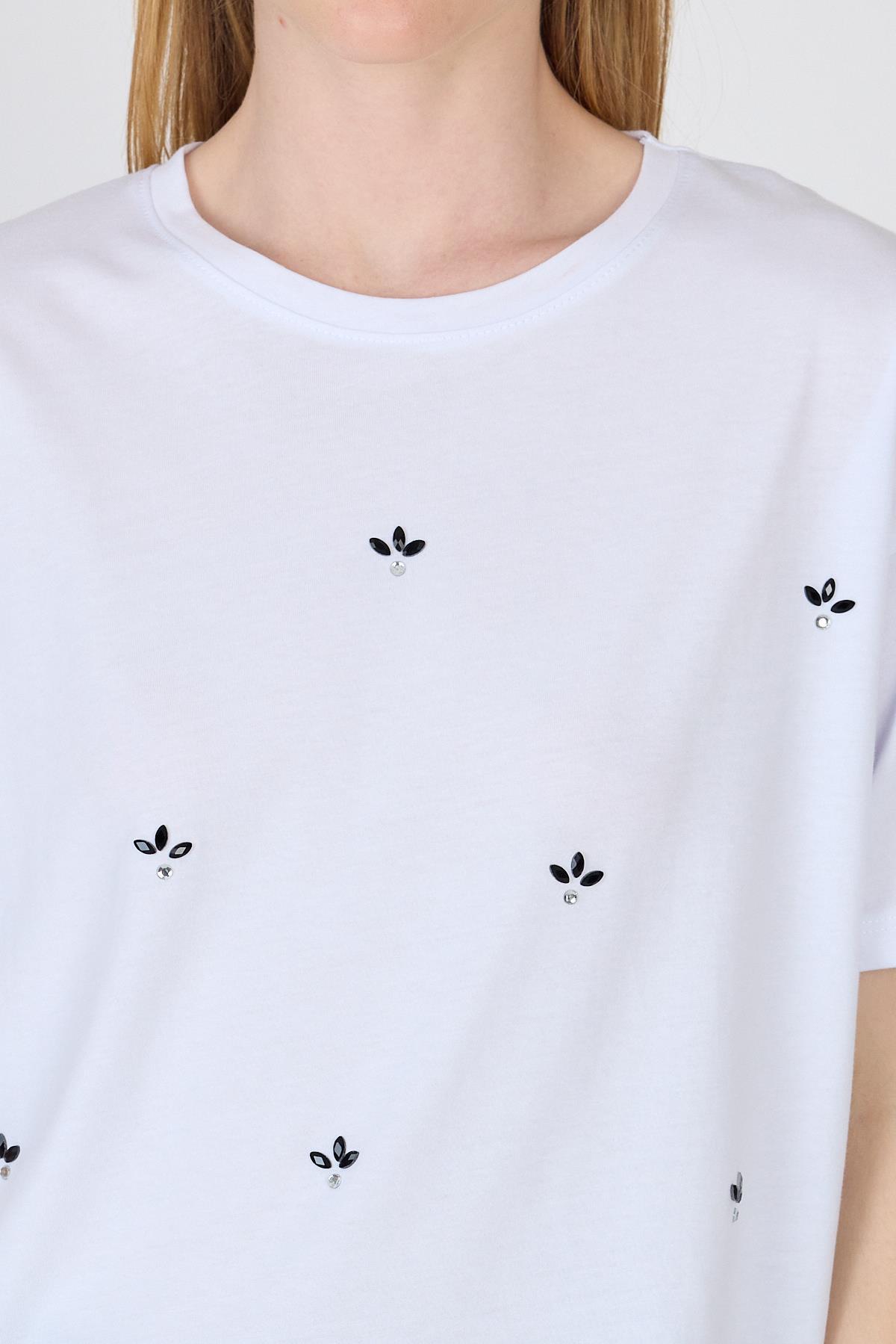 Beyaz Yazı Baskılı %100 Pamuk Oversize Tişört 2150-18M - 4